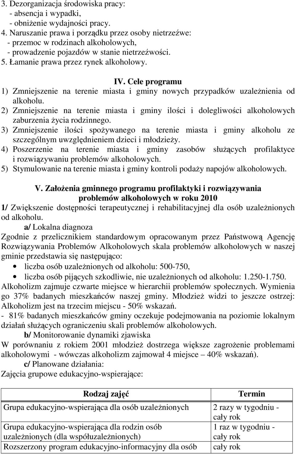 Cele programu 1) Zmniejszenie na terenie miasta i gminy nowych przypadków uzaleŝnienia od alkoholu.