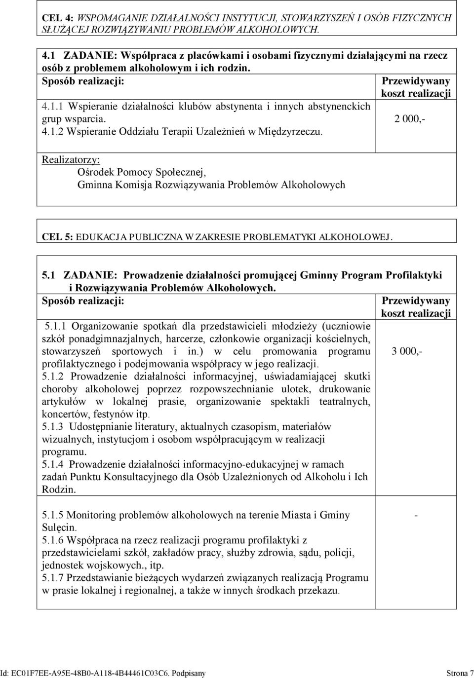 Gminna Komisja Rozwiązywania Problemów Alkoholowych 2 000,- CEL 5: EDUKACJA PUBLICZNA W ZAKRESIE PROBLEMATYKI ALKOHOLOWEJ. 5.1 ZADANIE: Prowadzenie działalności promującej Gminny Program Profilaktyki i Rozwiązywania Problemów Alkoholowych.