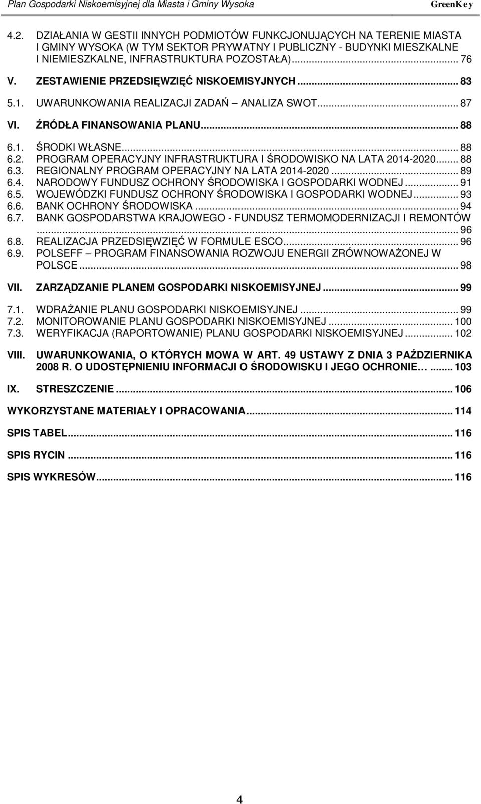 ZESTAWIENIE PRZEDSIĘWZIĘĆ NISKOEMISYJNYCH... 83 5.1. UWARUNKOWANIA REALIZACJI ZADAŃ ANALIZA SWOT... 87 VI. ŹRÓDŁA FINANSOWANIA PLANU... 88 6.1. ŚRODKI WŁASNE... 88 6.2.
