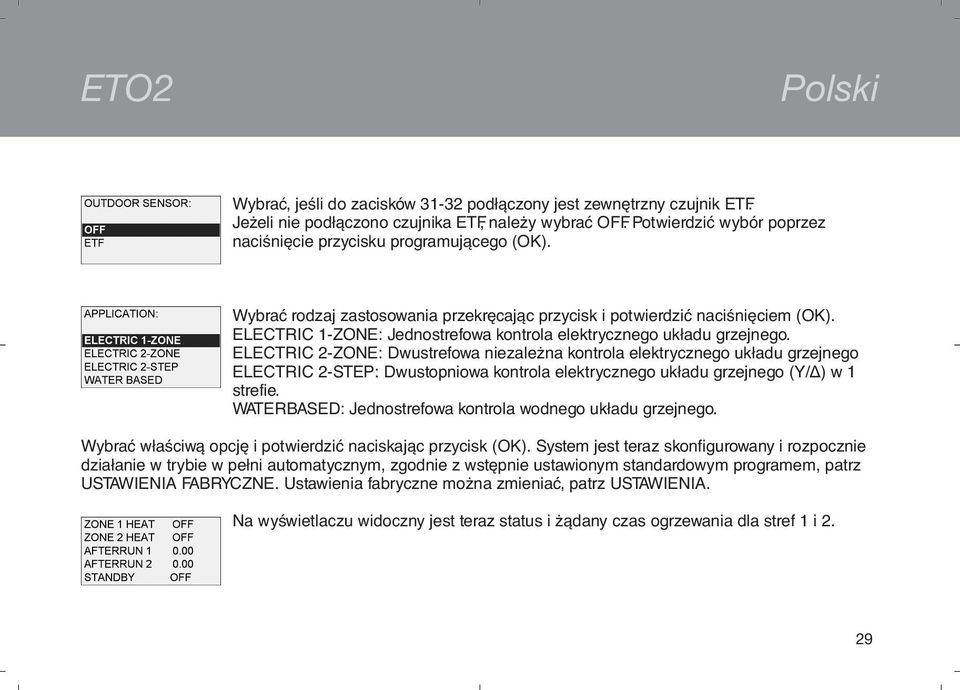 ELECTRIC 2-ZONE: Dwustrefowa niezależna kontrola elektrycznego układu grzejnego ELECTRIC 2-STEP: Dwustopniowa kontrola elektrycznego układu grzejnego (Y/Δ) w 1 strefie.