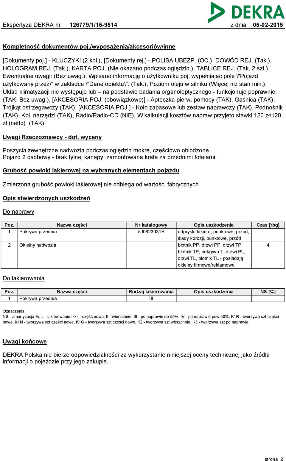 wypełniając pole \"Pojazd użytkowany przez\" w zakładce \"Dane obiektu\". (Tak.), Poziom oleju w silniku (Więcej niż stan min.