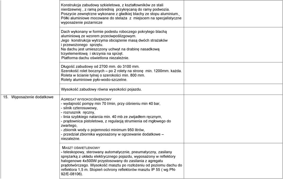 Jego konstrukcja wytrzyma obciążenie masą dwóch strażaków i przewożonego sprzętu. Na dachu jest umieszczony uchwyt na drabinę nasadkową trzyelementową i skrzynia na sprzęt.