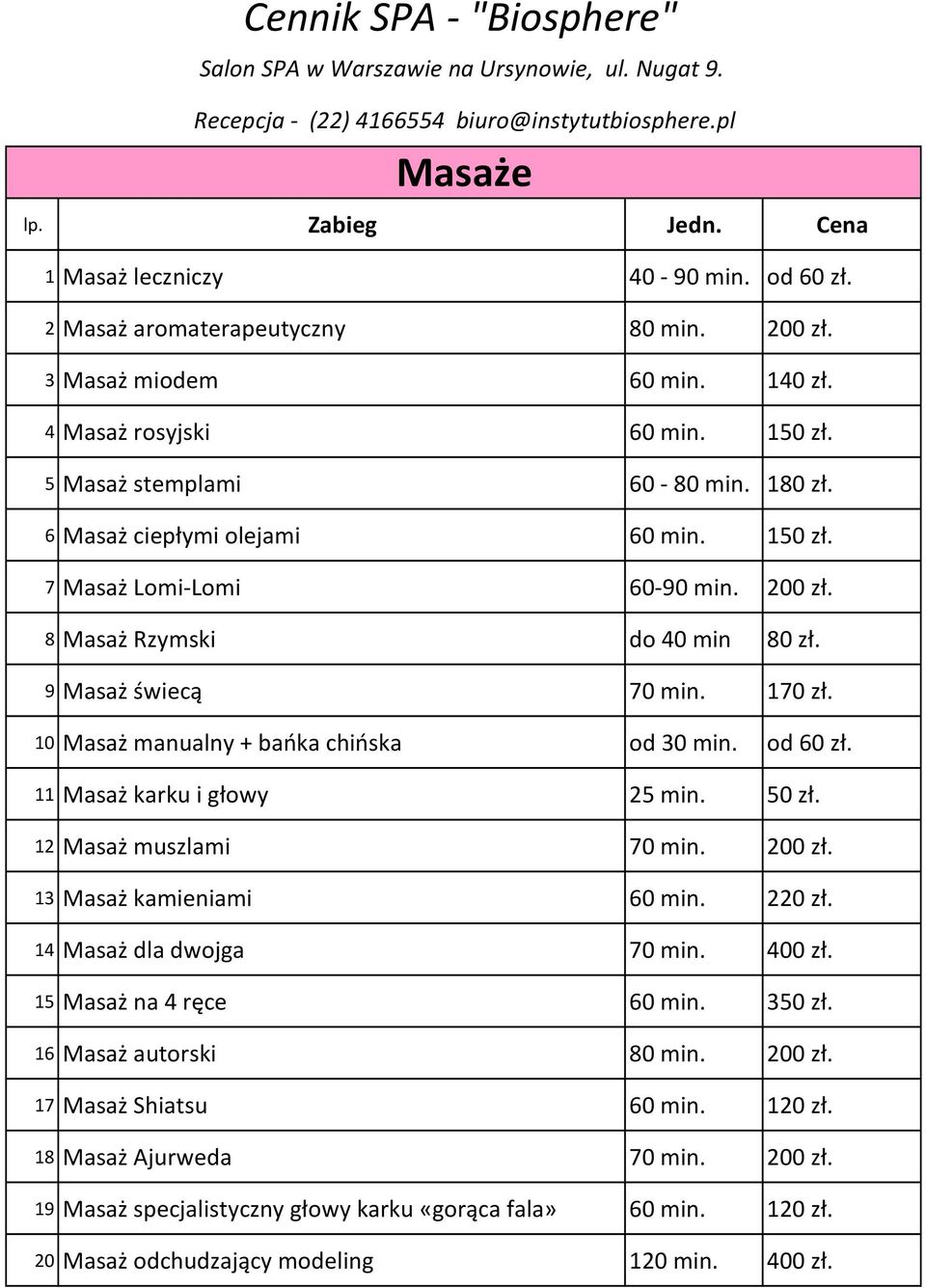200 zł. 8 Masaż Rzymski do 40 min 80 zł. 9 Masaż świecą 70 min. 170 zł. 10 Masaż manualny + bańka chińska od 30 min. od 60 zł. 11 Masaż karku i głowy 25 min. 50 zł. 12 Masaż muszlami 70 min. 200 zł.