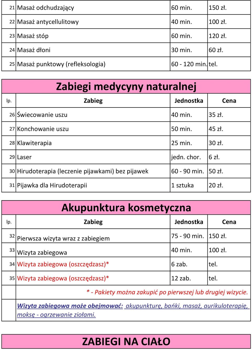 30 Hirudoterapia (leczenie pijawkami) bez pijawek 60-90 min. 50 zł. 31 Pijawka dla Hirudoterapii 1 sztuka 20 zł. Akupunktura kosmetyczna 32 Pierwsza wizyta wraz z zabiegiem 75-90 min. 150 zł.
