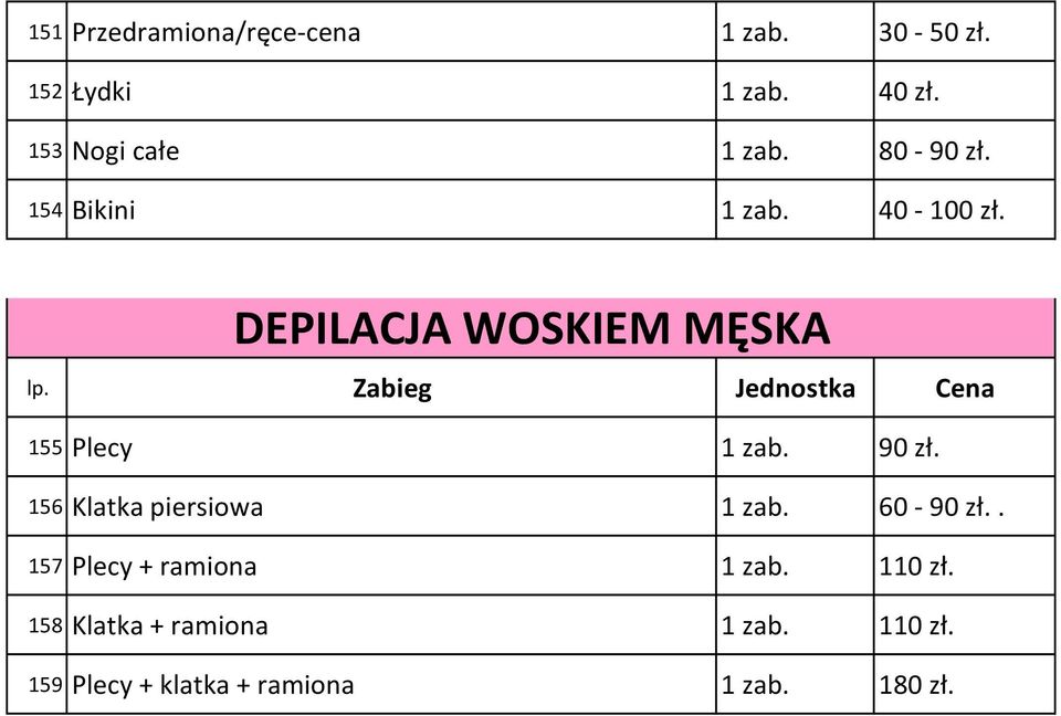 DEPILACJA WOSKIEM MĘSKA 155 Plecy 1 zab. 90 zł. 156 Klatka piersiowa 1 zab.