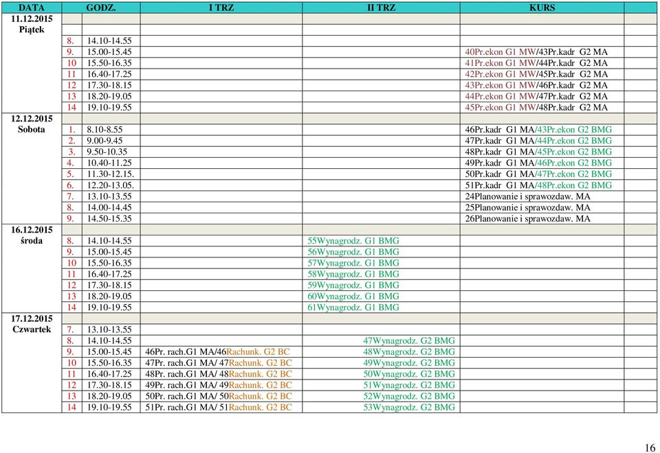 kadr G1 MA/44Pr.ekon G2 BMG 3. 9.50-10.35 48Pr.kadr G1 MA/45Pr.ekon G2 BMG 4. 10.40-11.25 49Pr.kadr G1 MA/46Pr.ekon G2 BMG 5. 11.30-12.15. 50Pr.kadr G1 MA/47Pr.ekon G2 BMG 6. 12.20-13.05. 51Pr.