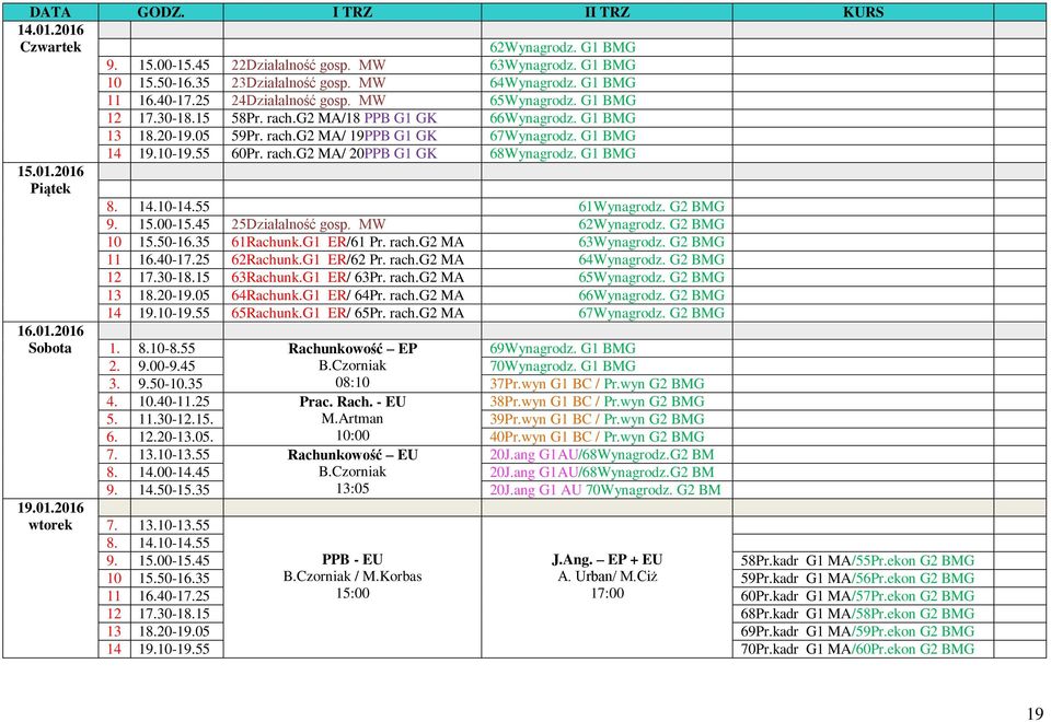 rach.g2 MA/ 20PPB G1 GK 68Wynagrodz. G1 BMG 61Wynagrodz. G2 BMG 9. 15.00-15.45 25Działalność gosp. MW 62Wynagrodz. G2 BMG 10 15.50-16.35 61Rachunk.G1 ER/61 Pr. rach.g2 MA 63Wynagrodz. G2 BMG 11 16.