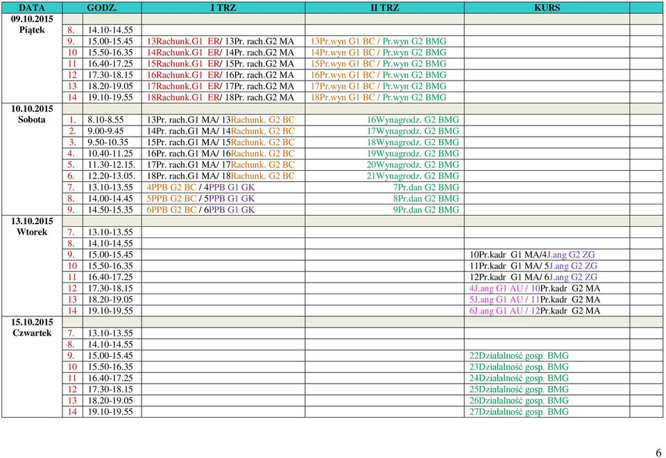 wyn G1 BC / Pr.wyn G2 BMG 14 19.10-19.55 18Rachunk.G1 ER/ 18Pr. rach.g2 MA 18Pr.wyn G1 BC / Pr.wyn G2 BMG 10.10.2015 Sobota 1. 8.10-8.55 13Pr. rach.g1 MA/ 13Rachunk. G2 BC 16Wynagrodz. G2 BMG 2. 9.