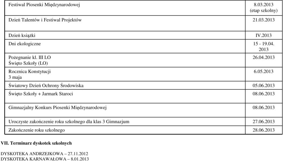 2013 Święto Szkoły + Jarmark Staroci 08.06.2013 Gimnazjalny Konkurs Piosenki Międzynarodowej 08.06.2013 Uroczyste zakończenie roku szkolnego dla klas 3 Gimnazjum 27.