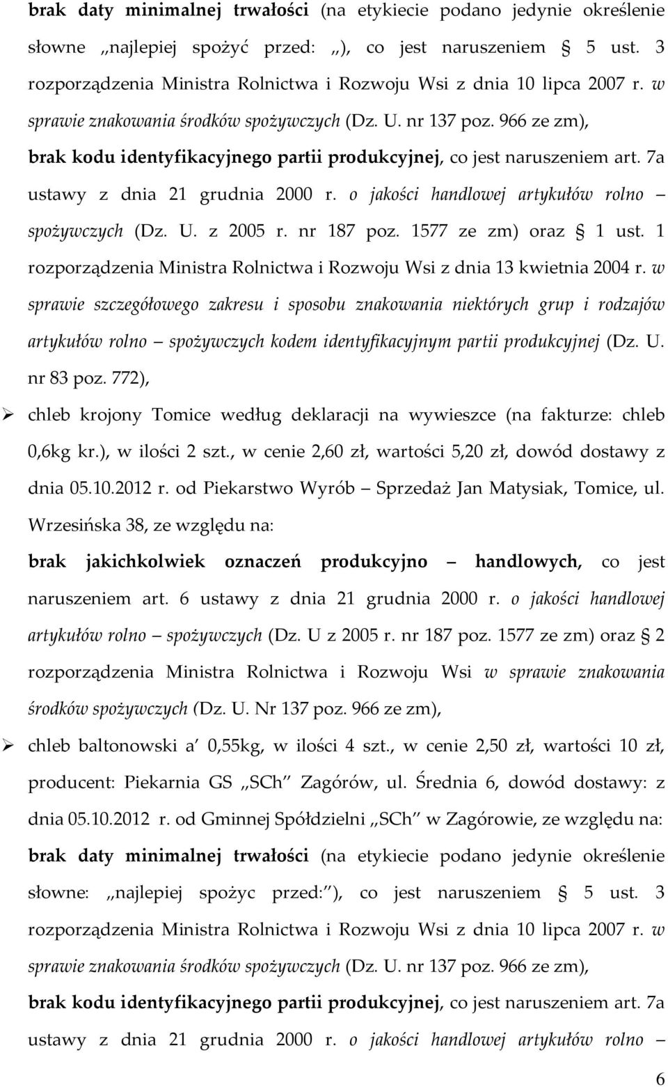 966 ze zm), brak kodu identyfikacyjnego partii produkcyjnej, co jest naruszeniem art. 7a ustawy z dnia 21 grudnia 2000 r. o jakości handlowej artykułów rolno spożywczych (Dz. U. z 2005 r. nr 187 poz.