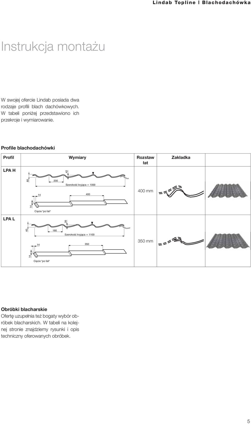 Profile blachodachówki Profil Wymiary Rozstaw at LPA H 42 Zak adka 60 14 200 SzerokoÊç kryjàca = 1000 400 400 mm 14 Ci cie "po