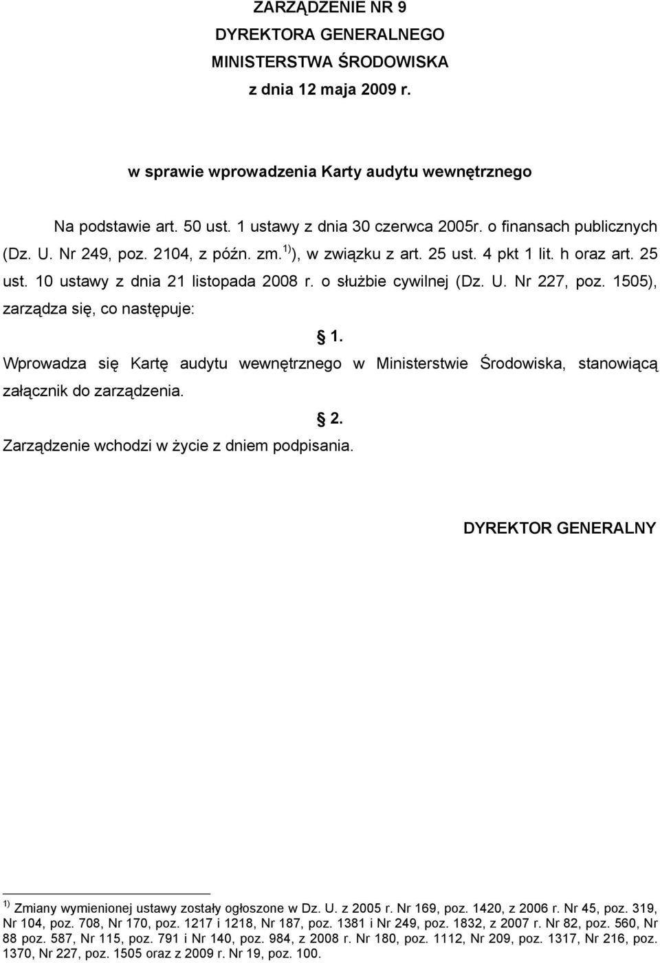 1505), zarządza się, co następuje: 1. Wprowadza się Kartę audytu wewnętrznego w Ministerstwie Środowiska, stanowiącą załącznik do zarządzenia. 2. Zarządzenie wchodzi w życie z dniem podpisania.