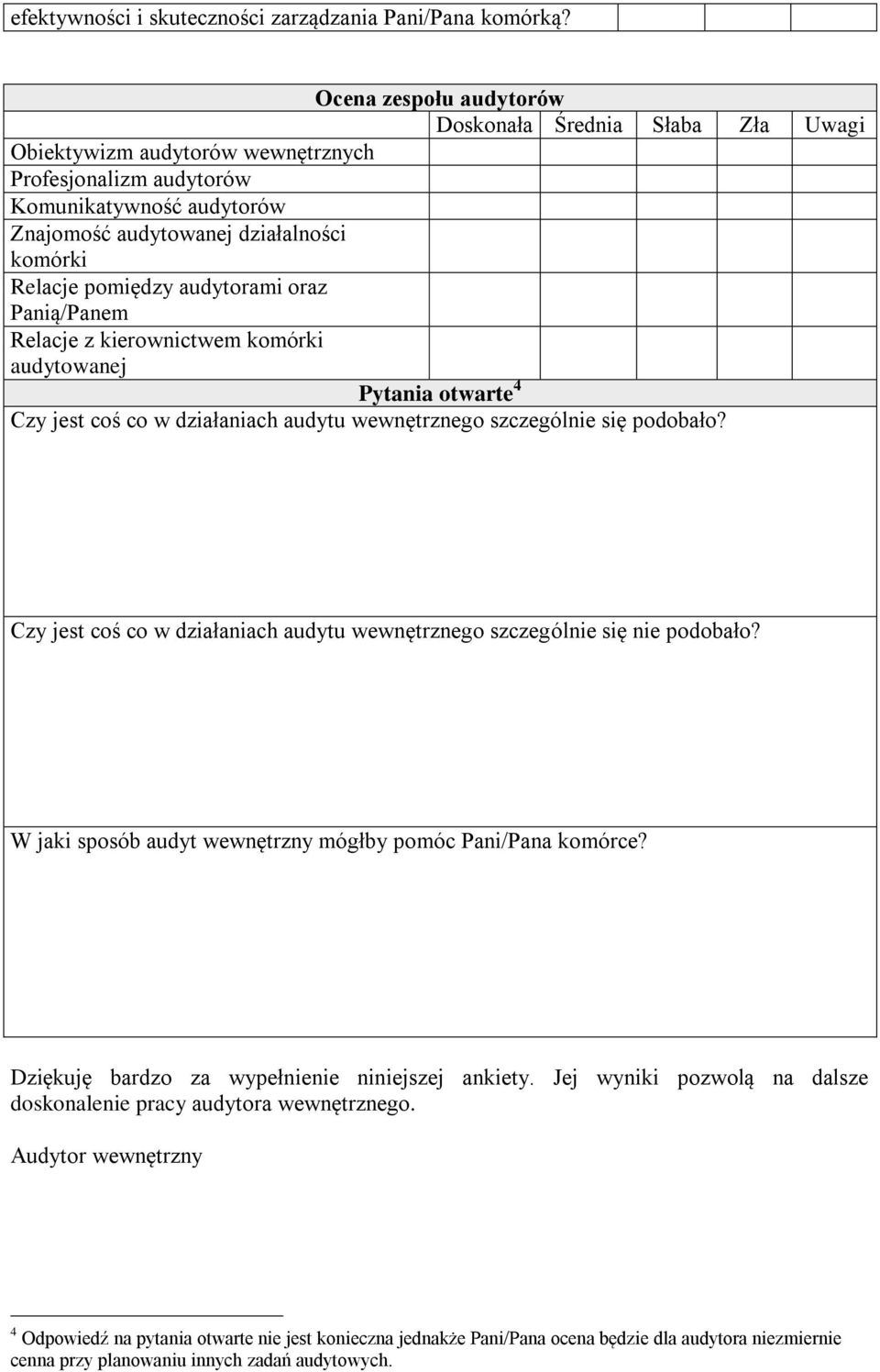 pomiędzy audytorami oraz Panią/Panem Relacje z kierownictwem komórki audytowanej Pytania otwarte 4 Czy jest coś co w działaniach audytu wewnętrznego szczególnie się podobało?