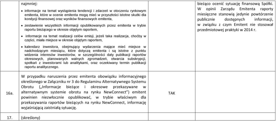 realizacja, choćby w części, miała miejsce w okresie objętym raportem, kalendarz inwestora, obejmujący wydarzenia mające mieć miejsce w nadchodzącym miesiącu, które dotyczą emitenta i są istotne z