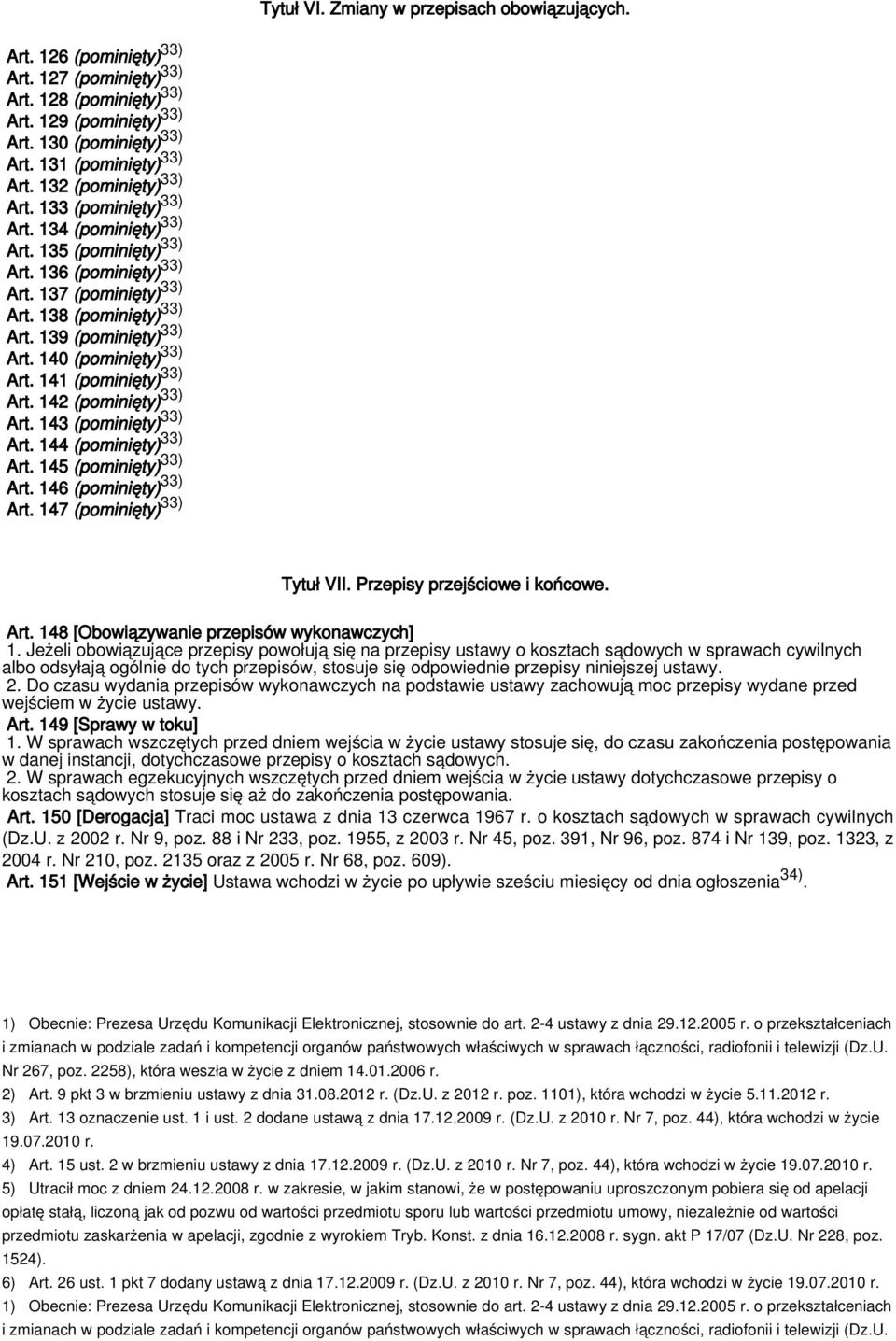 140 (pominięty) 33) Art. 141 (pominięty) 33) Art. 142 (pominięty) 33) Art. 143 (pominięty) 33) Art. 144 (pominięty) 33) Art. 145 (pominięty) 33) Art. 146 (pominięty) 33) Art.