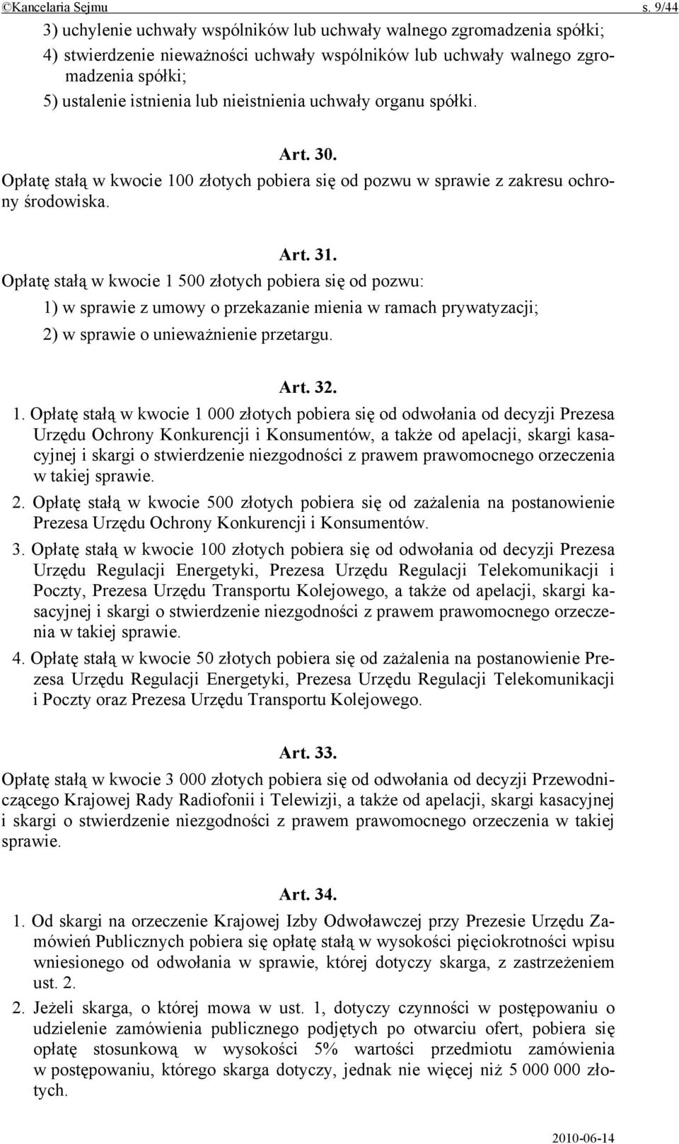 nieistnienia uchwały organu spółki. Art. 30. Opłatę stałą w kwocie 100 złotych pobiera się od pozwu w sprawie z zakresu ochrony środowiska. Art. 31.