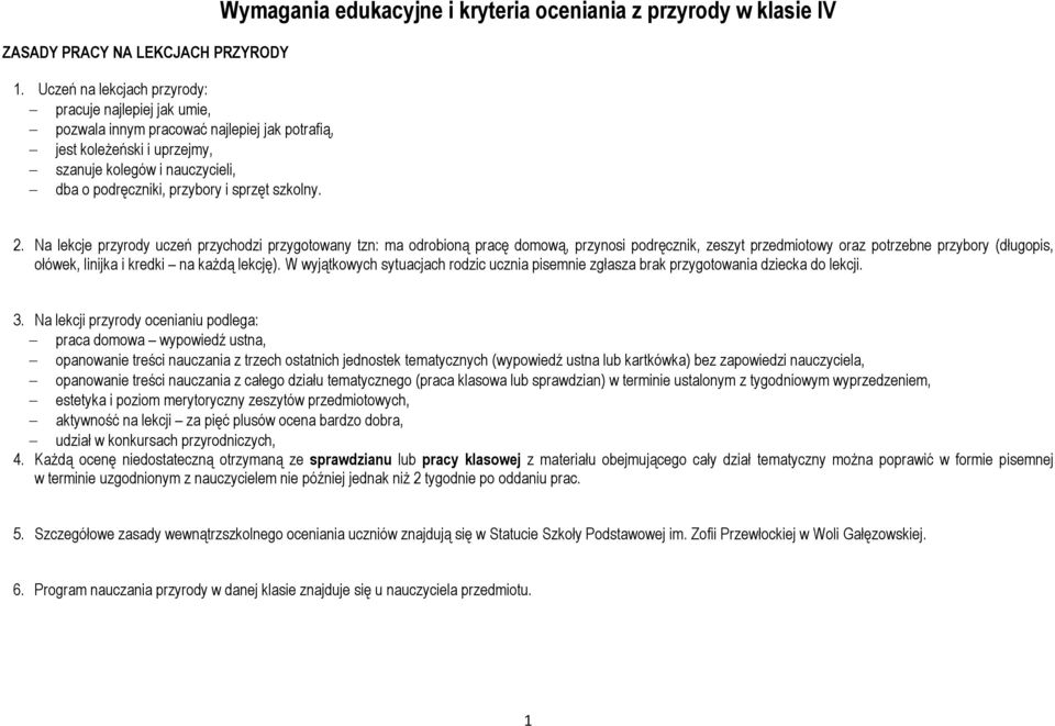 szkolny. Wymagania edukacyjne i kryteria oceniania z przyrody w klasie IV 2.