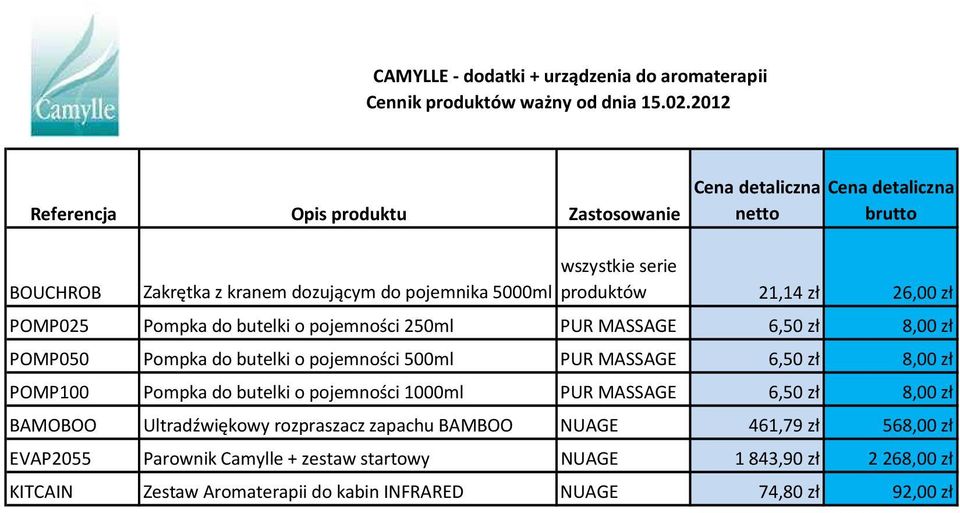 MASSAGE 6,50 zł 8,00 zł POMP100 Pompka do butelki o pojemności 1000ml PUR MASSAGE 6,50 zł 8,00 zł BAMOBOO Ultradźwiękowy rozpraszacz zapachu BAMBOO NUAGE