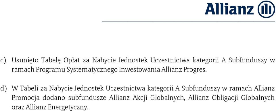 kategorii A Subfunduszy w ramach Allianz Promocja dodano subfundusze