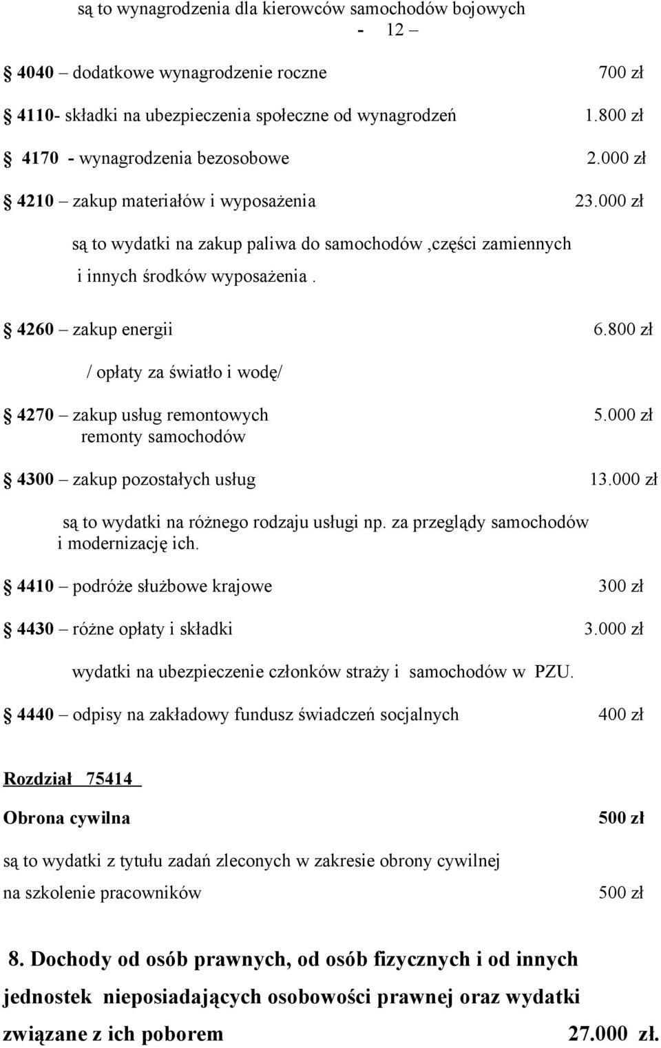 4260 zakup energii 6.800 zł / opłaty za światło i wodę/ 4270 zakup usług remontowych 5.000 zł remonty samochodów 4300 zakup pozostałych usług 13.000 zł są to wydatki na różnego rodzaju usługi np.