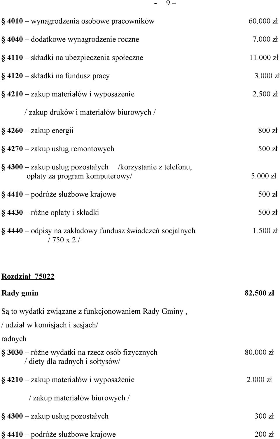 500 zł / zakup druków i materiałów biurowych / 4260 zakup energii 800 zł 4270 zakup usług remontowych 500 zł 4300 zakup usług pozostałych /korzystanie z telefonu, opłaty za program komputerowy/ 5.