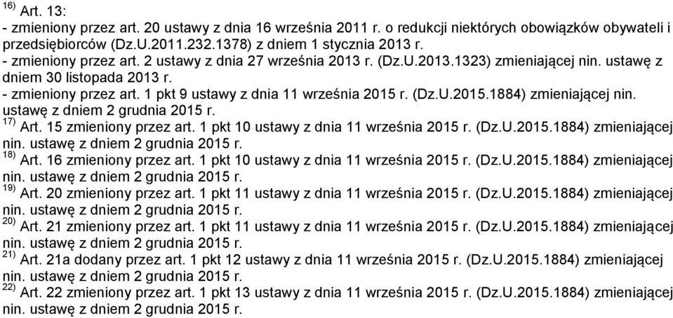 r. (Dz.U.2015.1884) zmieniającej nin. 17) Art. 15 zmieniony przez art. 1 pkt 10 ustawy z dnia 11 września 2015 r. (Dz.U.2015.1884) zmieniającej 18) Art. 16 zmieniony przez art.