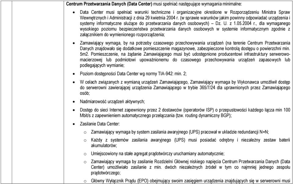 (w sprawie warunków jakim powinny odpowiadać urządzenia i systemy informatyczne służące do przetwarzania danych osobowych) Dz. U. z 1.05.2004 r.