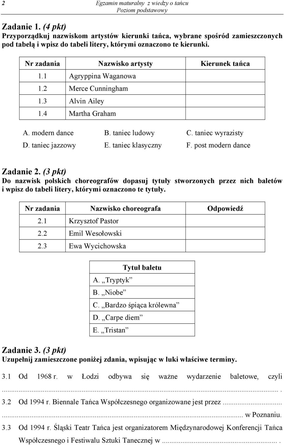 Nr zadania Nazwisko artysty Kierunek tańca 1.1 Agryppina Waganowa 1.2 Merce Cunningham 1.3 Alvin Ailey 1.4 Martha Graham A. modern dance B. taniec ludowy C. taniec wyrazisty D. taniec jazzowy E.