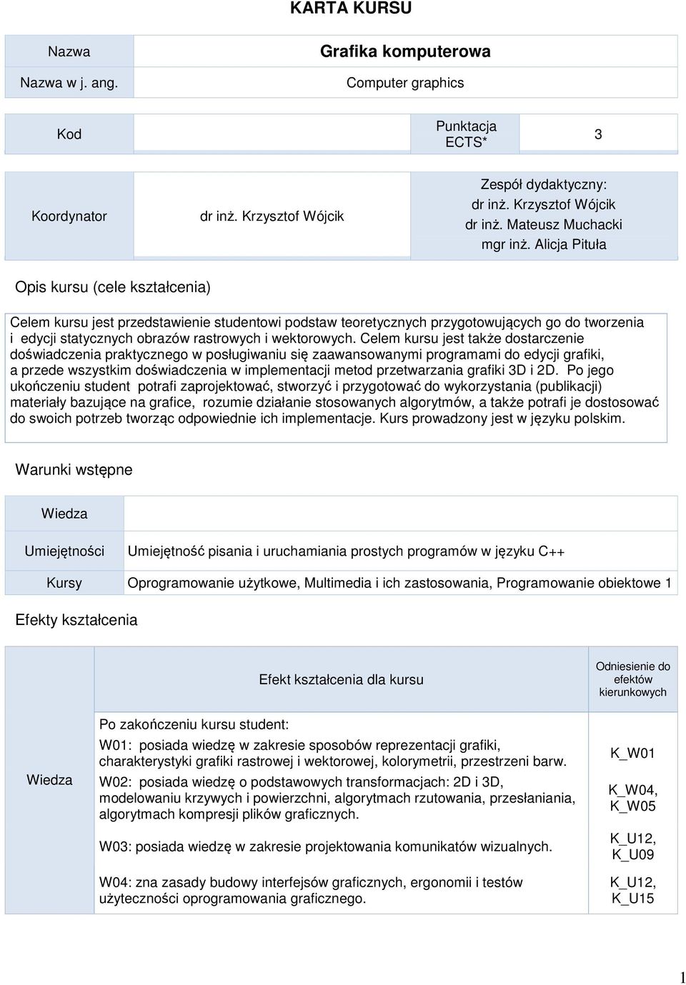 Alicja Pituła Opis kursu (cele kształcenia) Celem kursu jest przedstawienie studentowi podstaw teoretycznych przygotowujących go do tworzenia i edycji statycznych obrazów rastrowych i wektorowych.