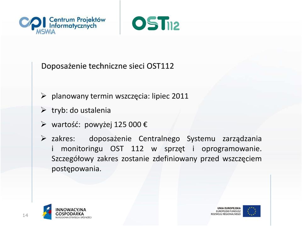 Centralnego Systemu zarządzania i monitoringu OST 112 w sprzęt i