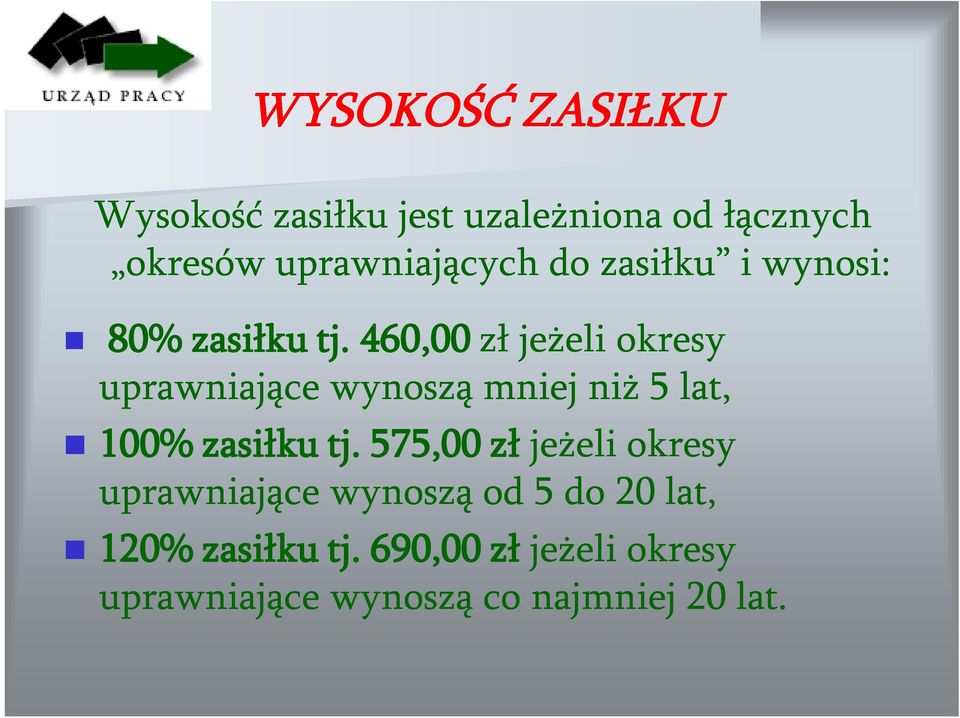 460,00 zł jeżeli okresy uprawniające wynoszą mniej niż 5 lat, 100% zasiłku tj.