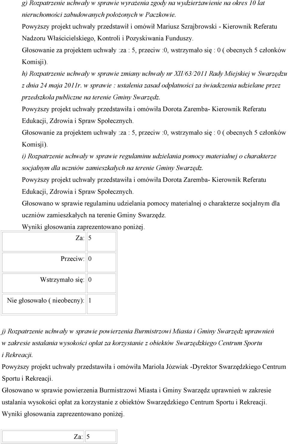 Głosowanie za projektem uchwały :za : 5, przeciw :0, wstrzymało się : 0 ( obecnych 5 członków h) Rozpatrzenie uchwały w sprawie zmiany uchwały nr XII/63/2011 Rady Miejskiej w Swarzędzu z dnia 24 maja