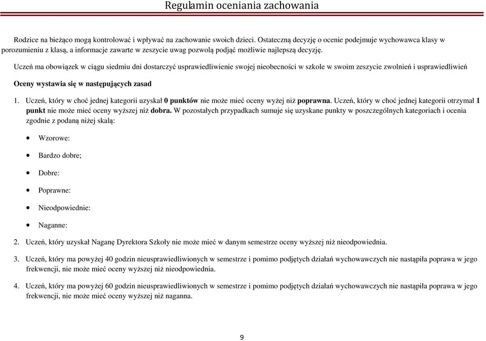 Uczeń ma obowiązek w ciągu siedmiu dni dostarczyć usprawiedliwienie swojej nieobecności w szkole w swoim zeszycie zwolnień i usprawiedliwień Oceny wystawia się w następujących zasad 1.