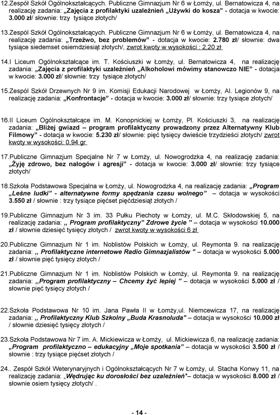 780 zł/ słownie: dwa tysiące siedemset osiemdziesiąt złotych/, zwrot kwoty w wysokości : 2,20 zł 14.I Liceum Ogólnokształcące im. T. Kościuszki w Łomży, ul.