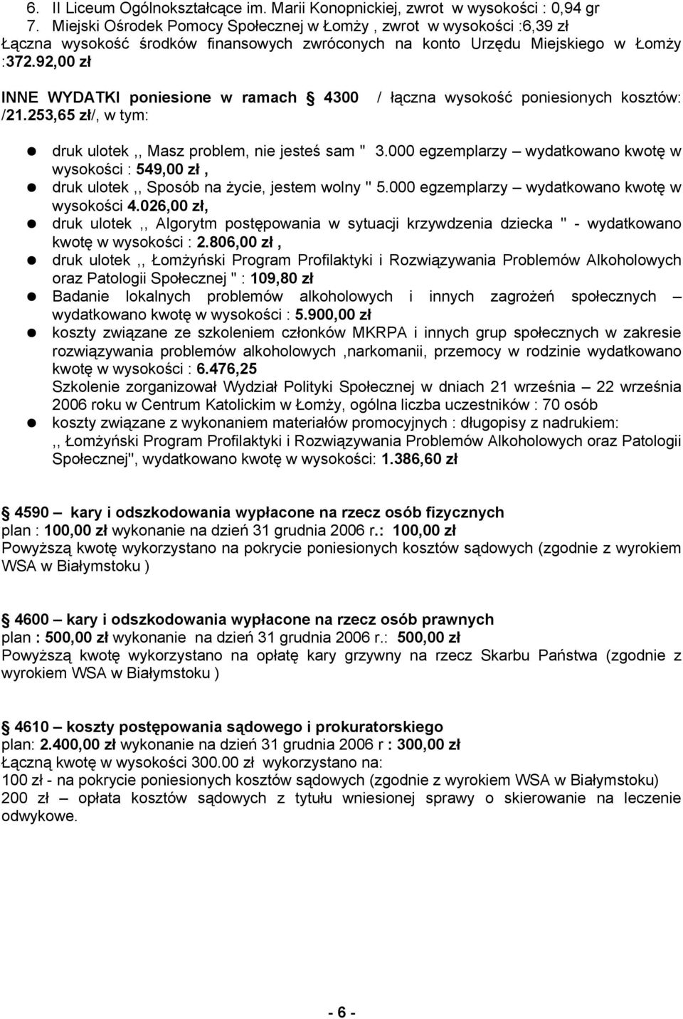 92,00 zł INNE WYDATKI poniesione w ramach 4300 /21.253,65 zł/, w tym: / łączna wysokość poniesionych kosztów: druk ulotek,, Masz problem, nie jesteś sam '' 3.