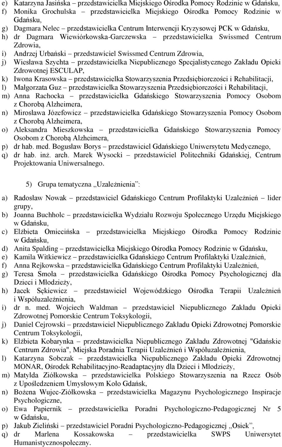 przedstawicielka Niepublicznego Specjalistycznego Zakładu Opieki Zdrowotnej ESCULAP, k) Iwona Krasowska przedstawicielka Stowarzyszenia Przedsiębiorczości i Rehabilitacji, l) Małgorzata Guz