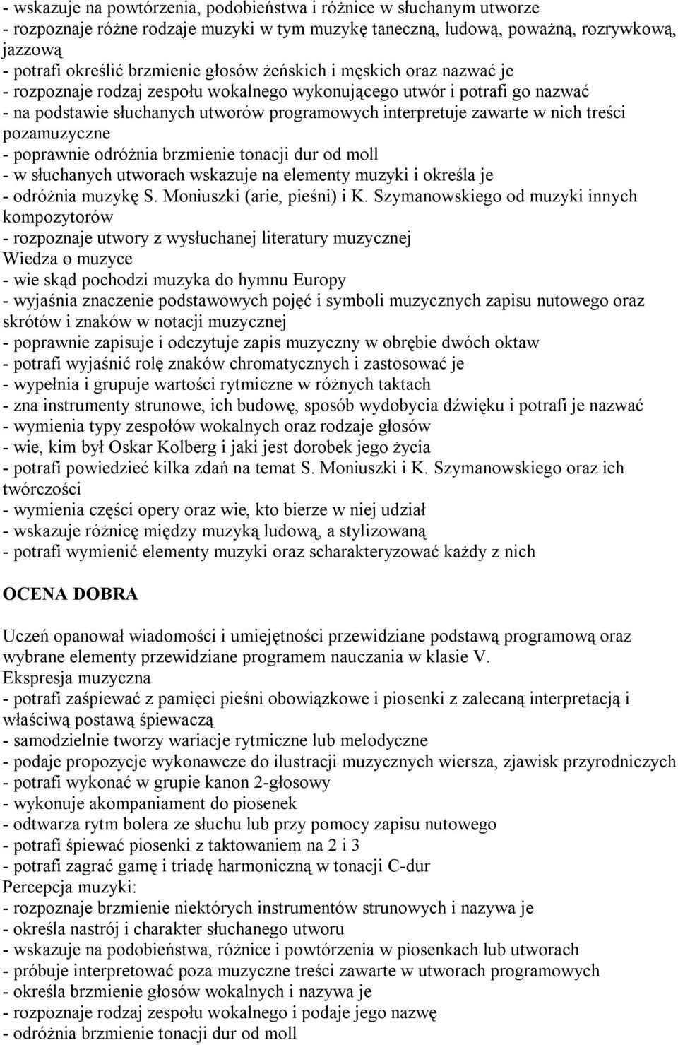 pozamuzyczne - poprawnie odróżnia brzmienie tonacji dur od moll - w słuchanych utworach wskazuje na elementy muzyki i określa je - odróżnia muzykę S. Moniuszki (arie, pieśni) i K.