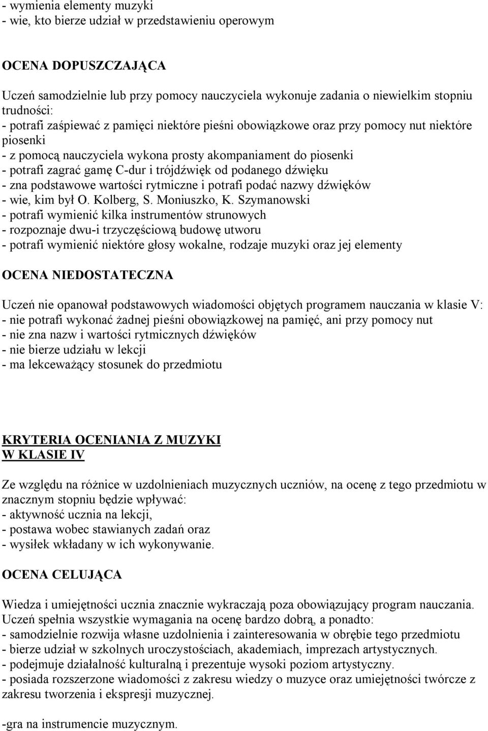 od podanego dźwięku - zna podstawowe wartości rytmiczne i potrafi podać nazwy dźwięków - wie, kim był O. Kolberg, S. Moniuszko, K.