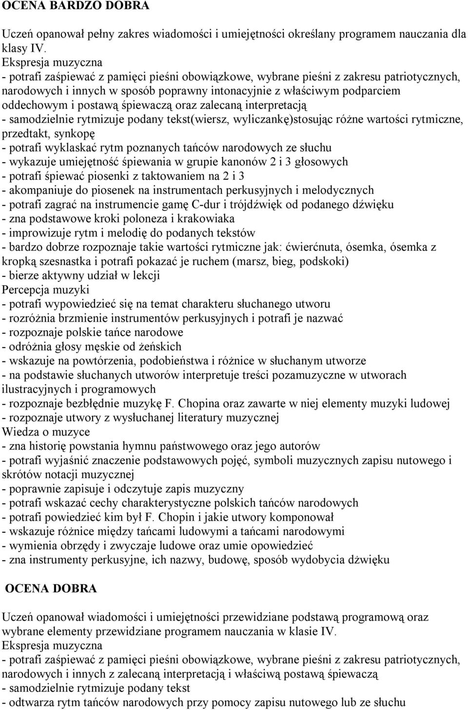 oraz zalecaną interpretacją - samodzielnie rytmizuje podany tekst(wiersz, wyliczankę)stosując różne wartości rytmiczne, przedtakt, synkopę - potrafi wyklaskać rytm poznanych tańców narodowych ze