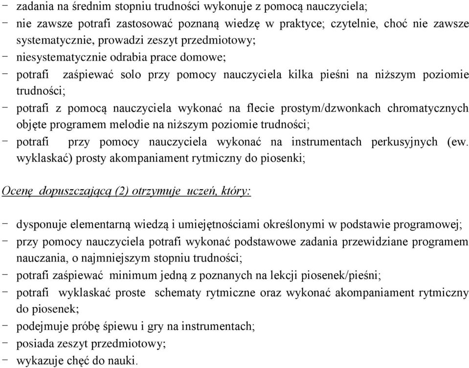 prostym/dzwonkach chromatycznych objęte programem melodie na niższym poziomie trudności; - potrafi przy pomocy nauczyciela wykonać na instrumentach perkusyjnych (ew.