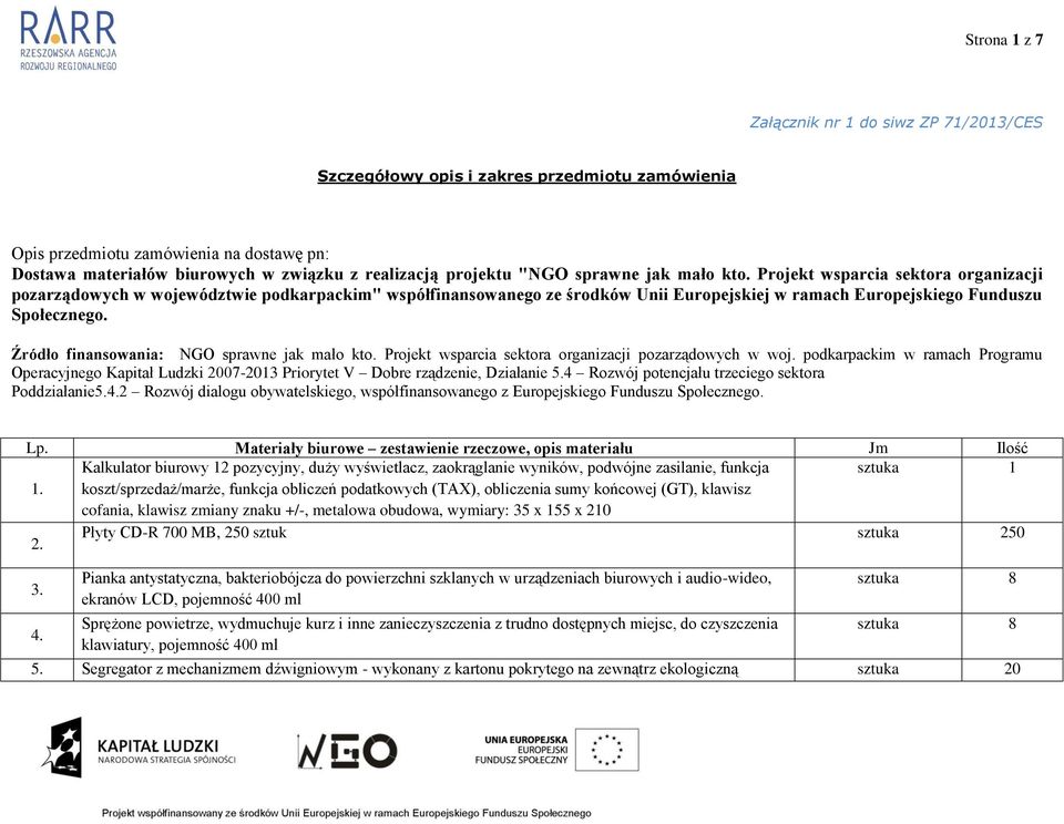 Projekt wsparcia sektora organizacji pozarządowych w województwie podkarpackim" współfinansowanego ze środków Unii Europejskiej w ramach Europejskiego Funduszu Społecznego.
