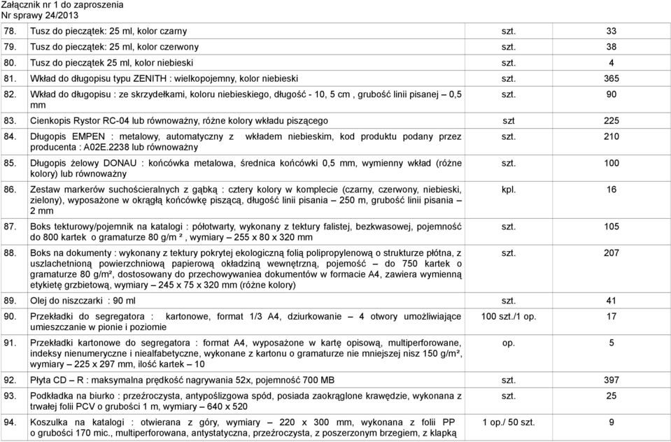 Cienkopis Rystor RC-04 lub równoważny, różne kolory wkładu piszącego szt 225 84. Długopis EMPEN : metalowy, automatyczny z wkładem niebieskim, kod produktu podany przez producenta : A02E.