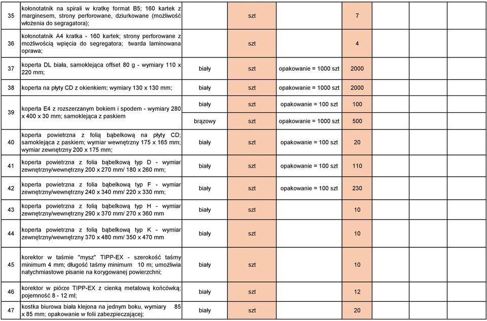 koperta na płyty CD z okienkiem; wymiary 130 x 130 mm; biały szt opakowanie = 1000 szt 2000 39 40 41 42 43 44 koperta E4 z rozszerzanym bokiem i spodem - wymiary 280 x 400 x 30 mm; samoklejąca z