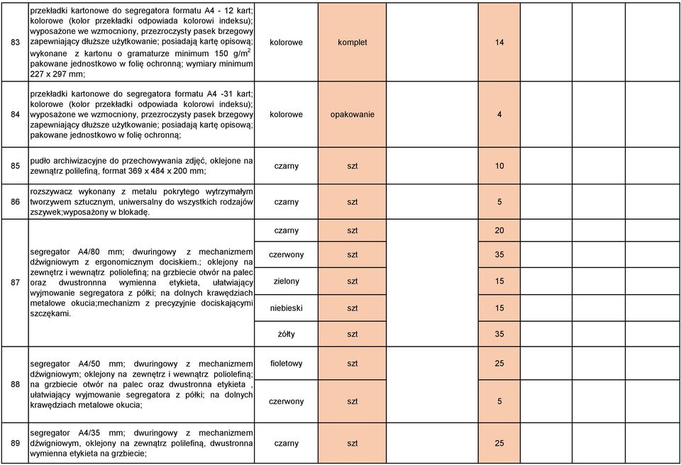kartonowe do segregatora formatu A4-31 kart; kolorowe (kolor przekładki odpowiada kolorowi indeksu); wyposażone we wzmocniony, przezroczysty pasek brzegowy zapewniający dłuższe użytkowanie; posiadają