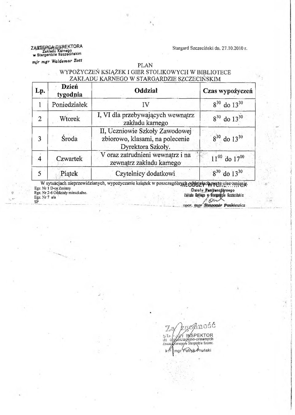 VI dla przebywających wewnątrz zakładu karnego II, Uczniowie Szkoły Zawodowej zbiorowo, klasami, na polecenie Dyrektora Szkoły.