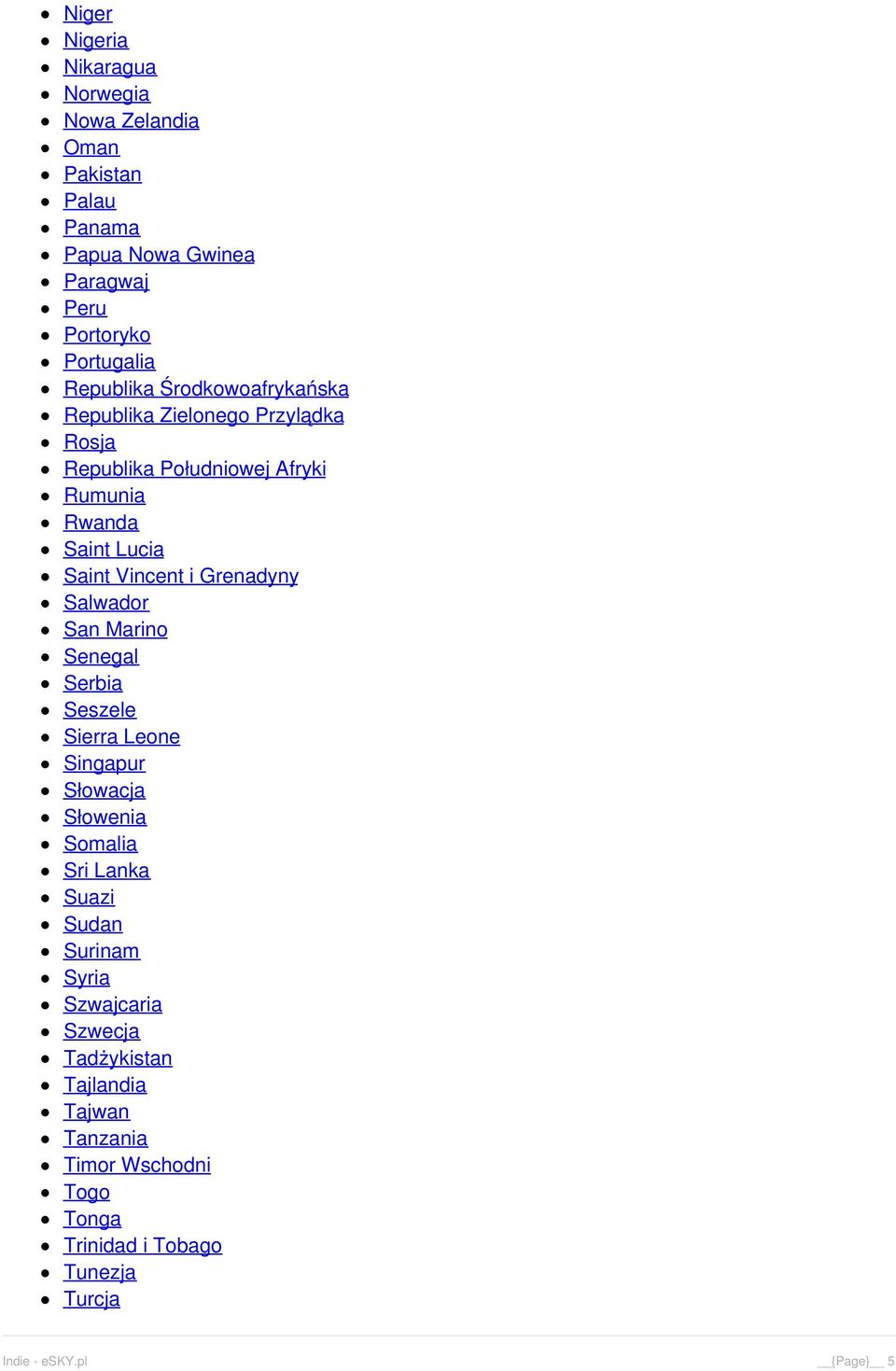 i Grenadyny Salwador San Marino Senegal Serbia Seszele Sierra Leone Singapur Słowacja Słowenia Somalia Sri Lanka Suazi Sudan Surinam