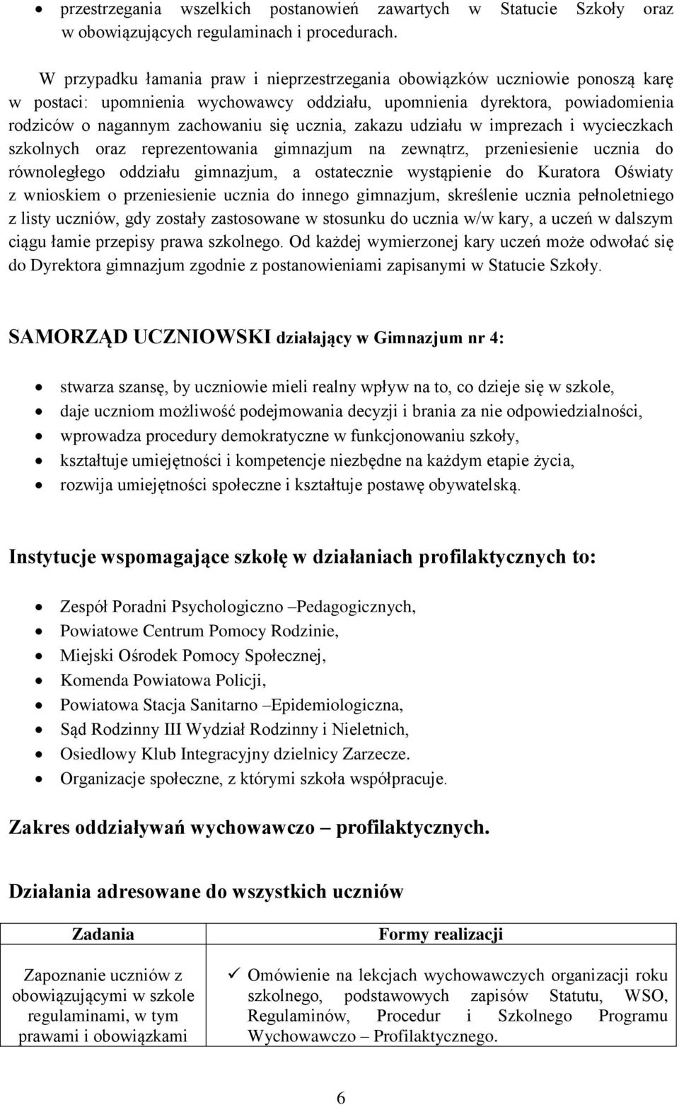 ucznia, zakazu udziału w imprezach i wycieczkach szkolnych oraz reprezentowania gimnazjum na zewnątrz, przeniesienie ucznia do równoległego oddziału gimnazjum, a ostatecznie wystąpienie do Kuratora