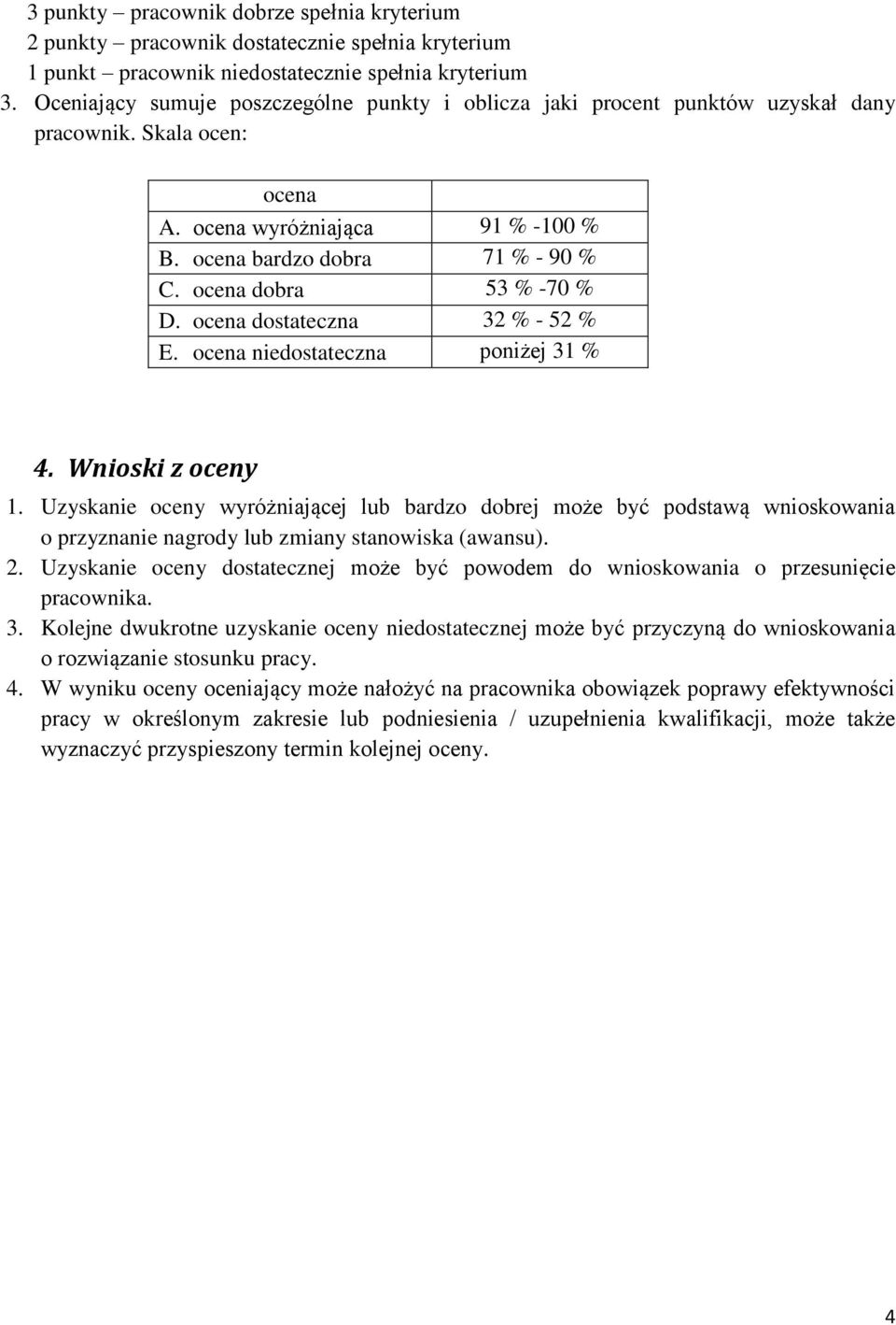 ocena dobra 53 % -70 % D. ocena dostateczna 32 % - 52 % E. ocena niedostateczna poniżej 31 % 4. Wnioski z oceny 1.