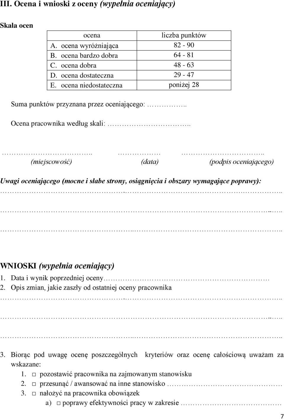 ..... (miejscowość) (data) (podpis oceniającego) Uwagi oceniającego (mocne i słabe strony, osiągnięcia i obszary wymagające poprawy):............ WNIOSKI (wypełnia oceniający) 1.