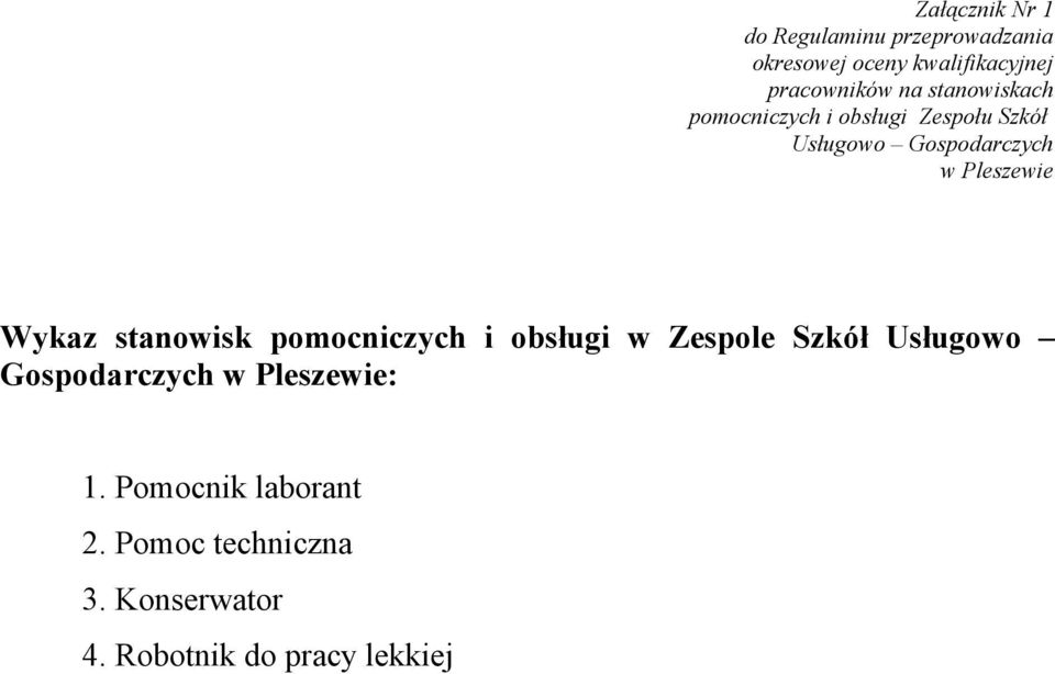 w Pleszewie Wykaz stanowisk pomocniczych i obsługi w Zespole Szkół Usługowo